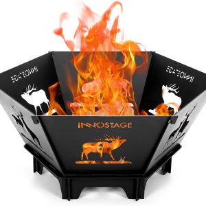 The outdoor fire pit constructed with heavy-duty steel with black coating, both the bottom plate and support legs are 3mm thickness. keep lightweigh and durable and resists high-temperatures. We provide screws to fix the bottom plate and legs, allowing for transportation by two people, and We highly recommend dragging the fire pit by the bottom, rather than lifting it with the side plates.